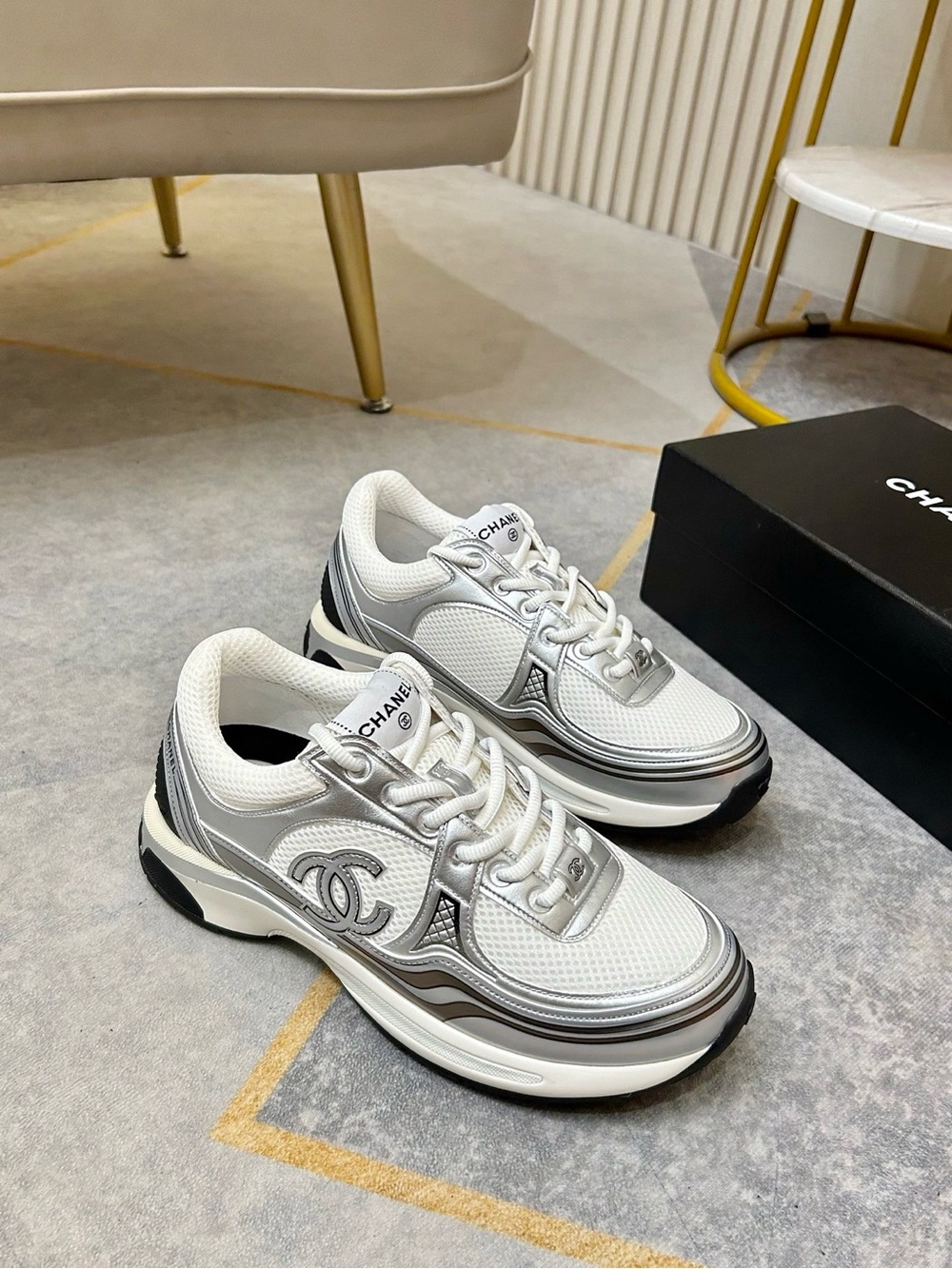 CHANEL White and Silver Women's Chunky Mesh Trainer Sneakers